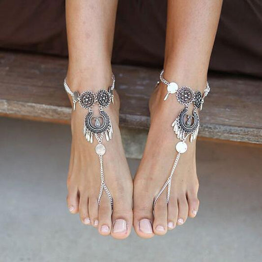 Boho Barefoot Flower Anklet – Hollow Teardrop Sandal Chain in Antique Silver