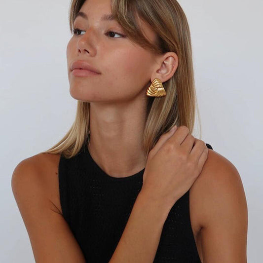 Golden Feather Pleated Triangle Earrings for Women