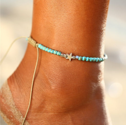 Bohemian Crystal Bead Anklet Set with Moon Pendant and Turquoise Accents