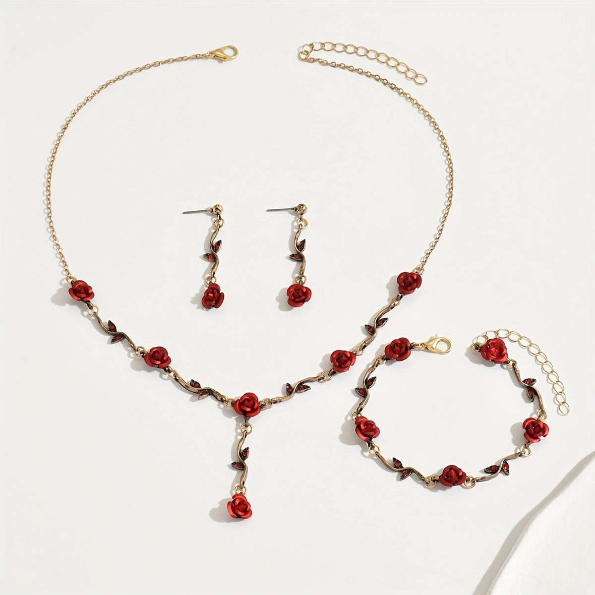 Romantic Red Rose Jewelry Set — Necklace, Bracelet & Earrings