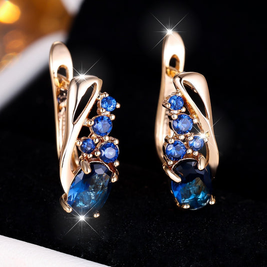 Champagne Gold Oval Crystal Earrings with Four Small Round Diamonds