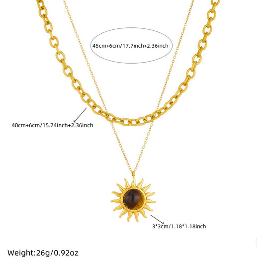 Retro Tiger-eye Sun Pendant Double-Layer Stainless Steel Necklace