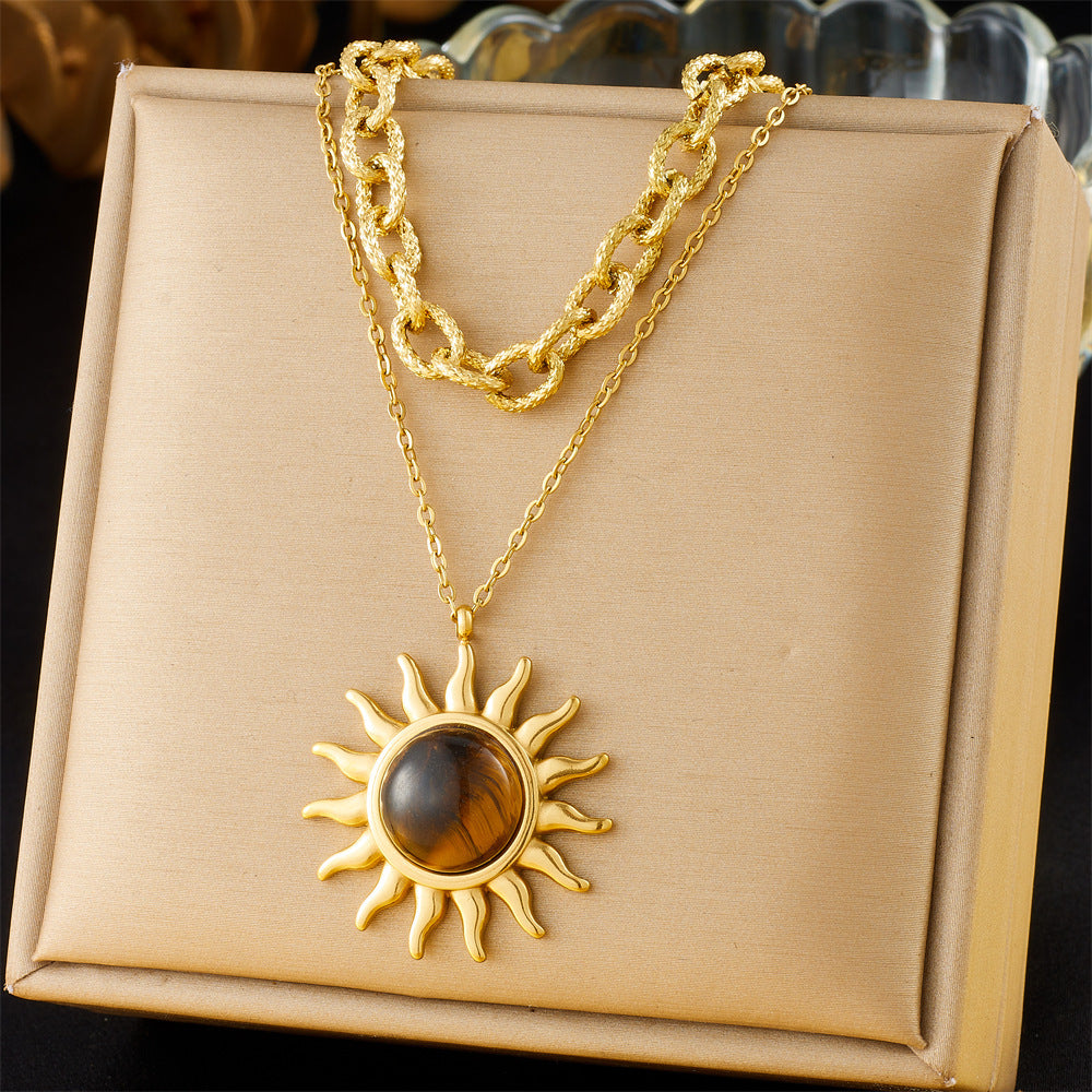 Retro Tiger-eye Sun Pendant Double-Layer Stainless Steel Necklace