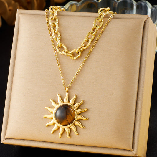 Retro Tiger-eye Sun Pendant Double-Layer Stainless Steel Necklace