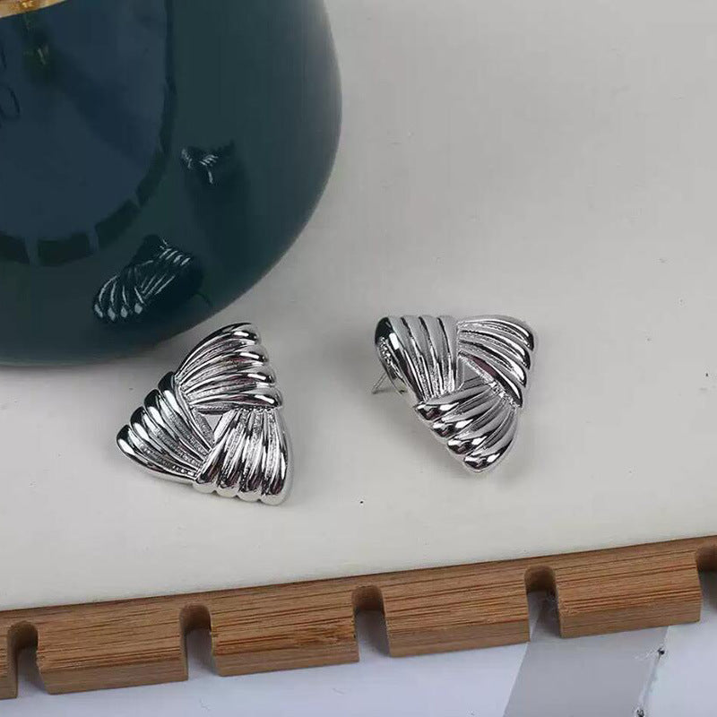 Golden Feather Pleated Triangle Earrings for Women