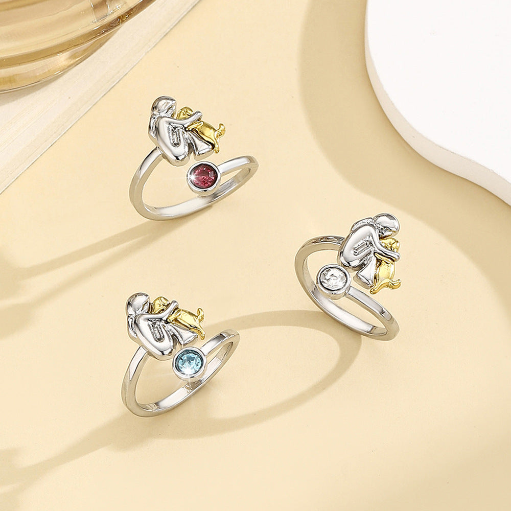 Birthstone Rhinestone Women's Open Ring / Dog Mom Ring