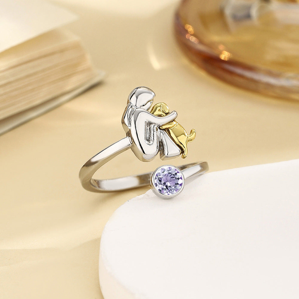 Birthstone Rhinestone Women's Open Ring / Dog Mom Ring