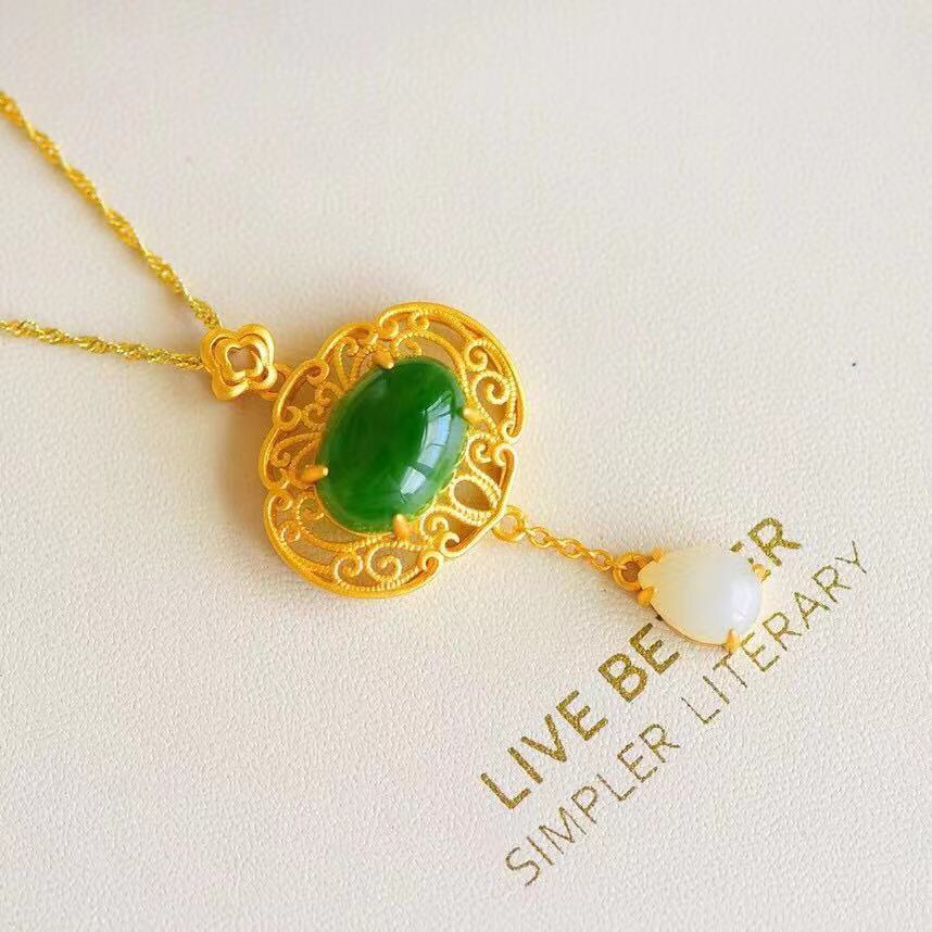 Ancient Gold Inlaid Natural Xinjiang Hetian Jade Egg Pendant Necklace for Women