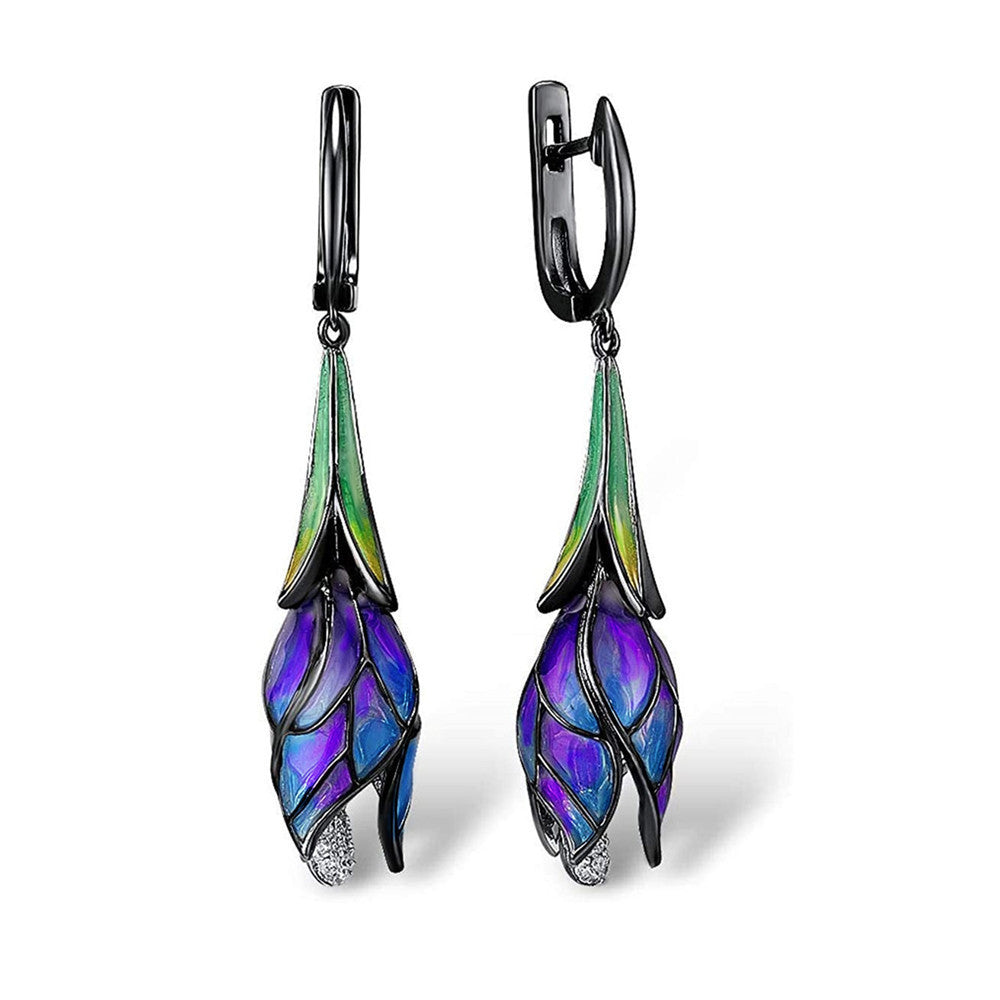 Silver-Plated Black Gold Diamond Enamel Tulip Earrings