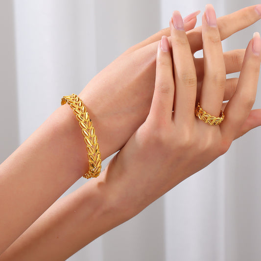 2Pcs Fashion 18k Gold Plated Wheat Ear Leaves Opening Bracelet and Ring Set