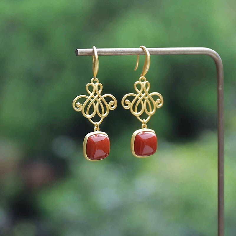 S925 Silver Red Square Lucky Knot Earrings for Women
