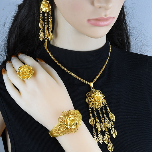Floral Jewelry Set — Gold-Plated Necklace, Earrings, Ring & Bracelet