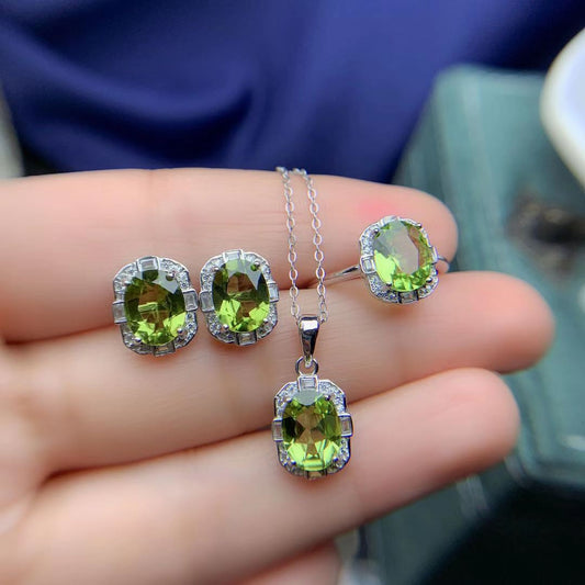 Natural Olivine Jewelry Set – 925 Silver Adjustable Ring, Pendant & Stud Earrings