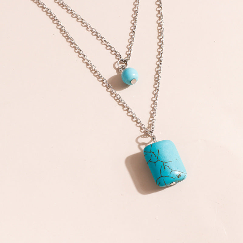 Turquoise Double-Layer Cylindrical Pendant Necklace