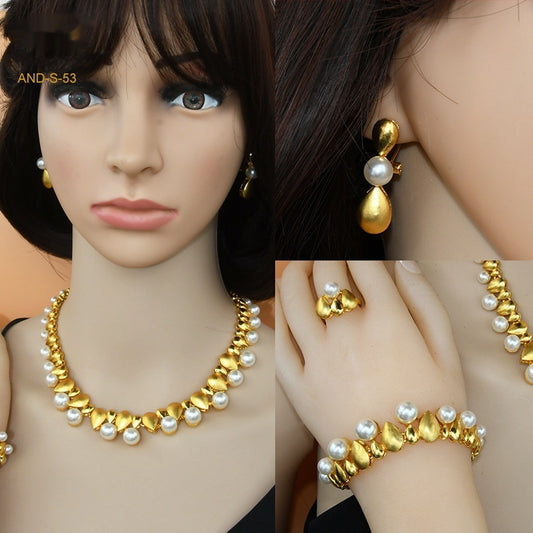Zircon & Pearl Jewelry Set — Necklace, Ring, Earrings & Bracelet