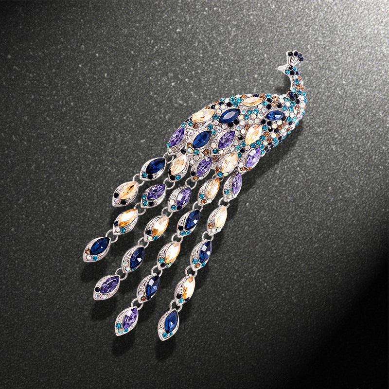 Crystal Peacock Brooch with Long Tail Tassels – Retro Animal Series