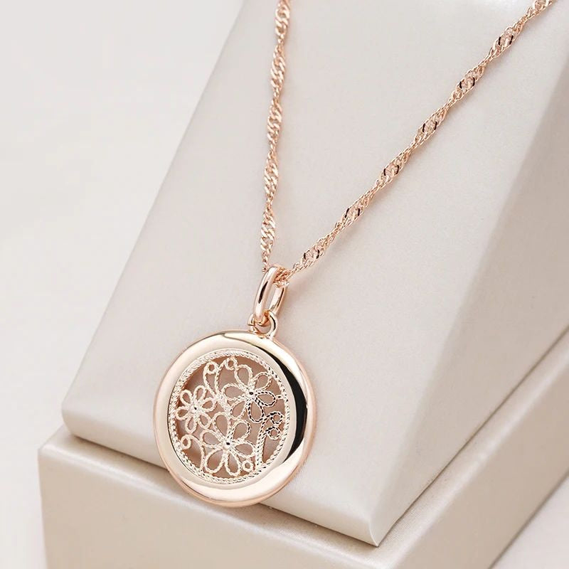 Retro Round Hollow Flower Pendant Necklace — 585 Rose Gold Plated