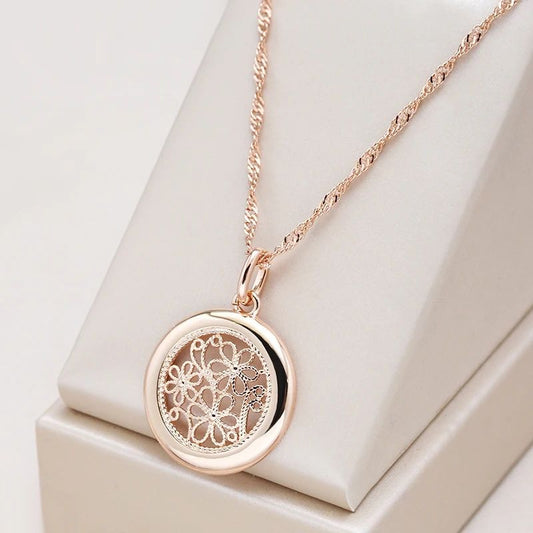 Retro Round Hollow Flower Pendant Necklace — 585 Rose Gold Plated