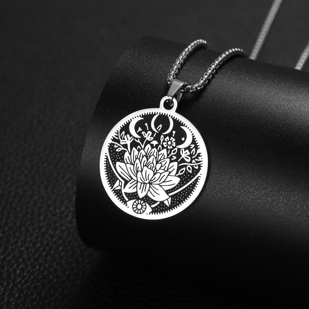 Flower & Moon Pattern Titanium Steel Pendant Necklace
