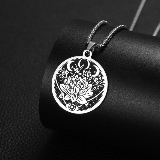 Flower & Moon Pattern Titanium Steel Pendant Necklace