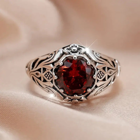 Distressed Antique Silver Carved Pattern Ring – Vintage Round Edge Jewelry