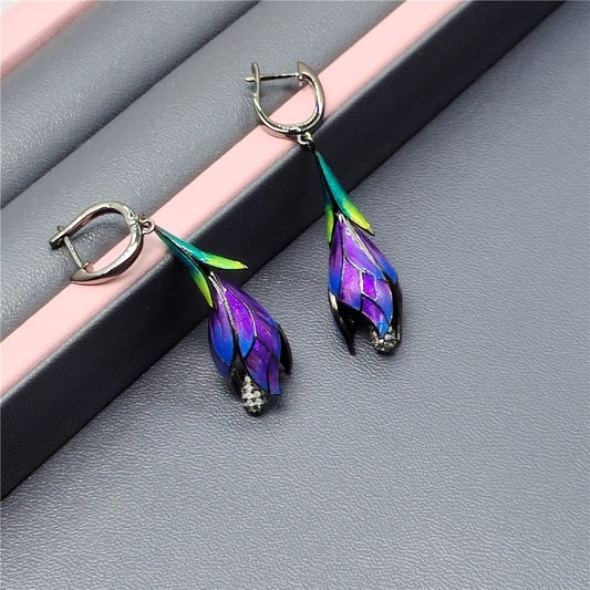 Silver-Plated Black Gold Diamond Enamel Tulip Earrings