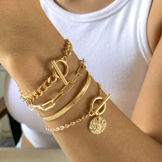 Punk Metal Chain 4-Piece Bracelet Set — Geometric Snake Bone Cuffs