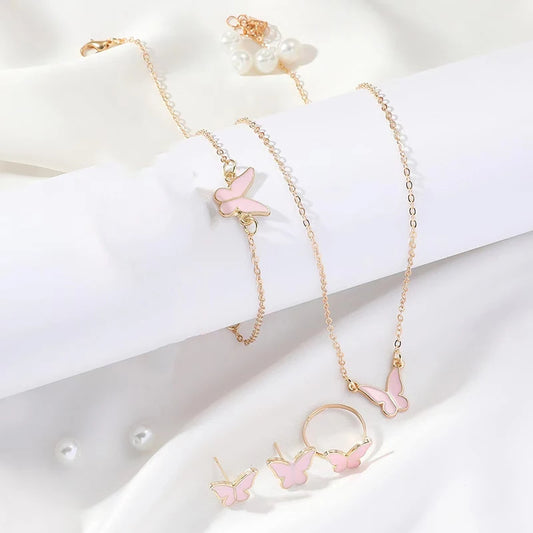 Butterfly Emblem Jewelry Set – Gold-Colored Necklace, Earrings, Bracelet & Ring with Imitation Pearls
