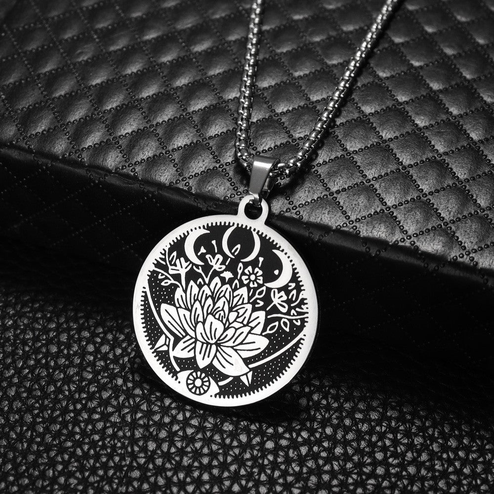 Flower & Moon Pattern Titanium Steel Pendant Necklace