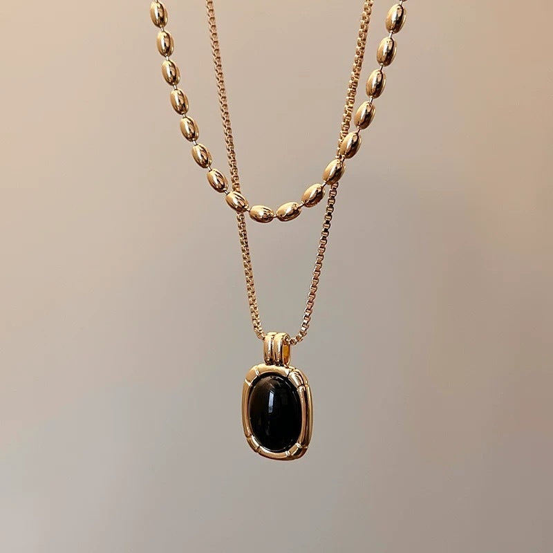 Double-Layer Elegant Black Bead & Metal Necklace