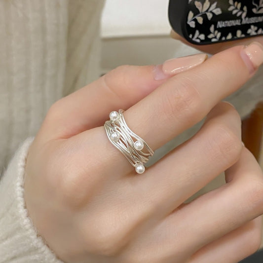 Irregular Multi-Layer Open-End Pearl Ring for Women – Modern Artistic Jewelry