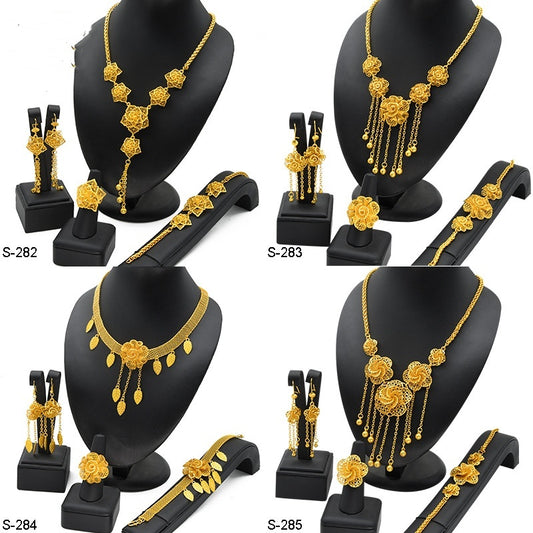 Floral Jewelry Set — Gold-Plated Necklace, Earrings, Ring & Bracelet