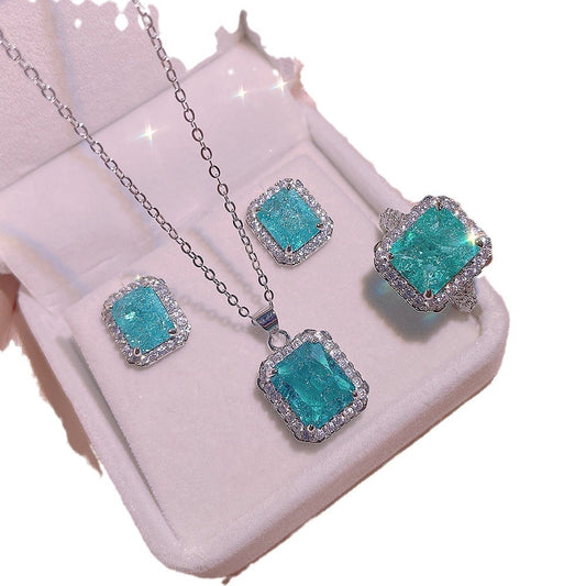 Simulated Paraiba Ring, Ear Studs & Necklace Set – Vibrant Fashion Jewelry