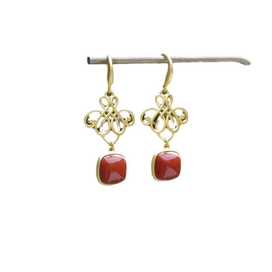 S925 Silver Red Square Lucky Knot Earrings for Women