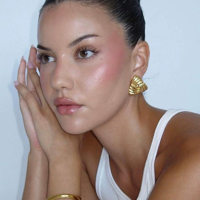 Golden Feather Pleated Triangle Earrings for Women