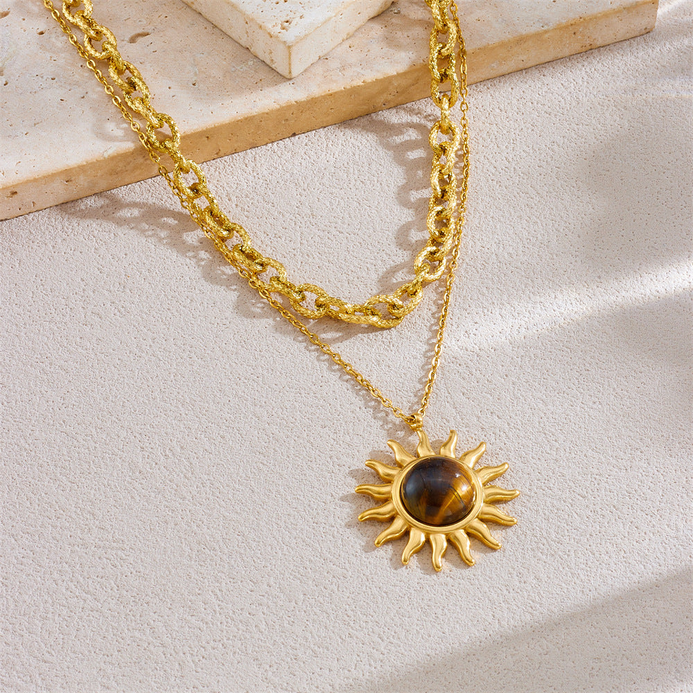 Retro Tiger-eye Sun Pendant Double-Layer Stainless Steel Necklace