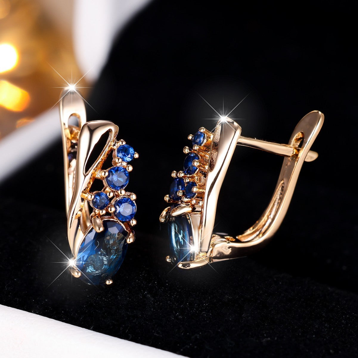 Champagne Gold Oval Crystal Earrings with Four Small Round Diamonds