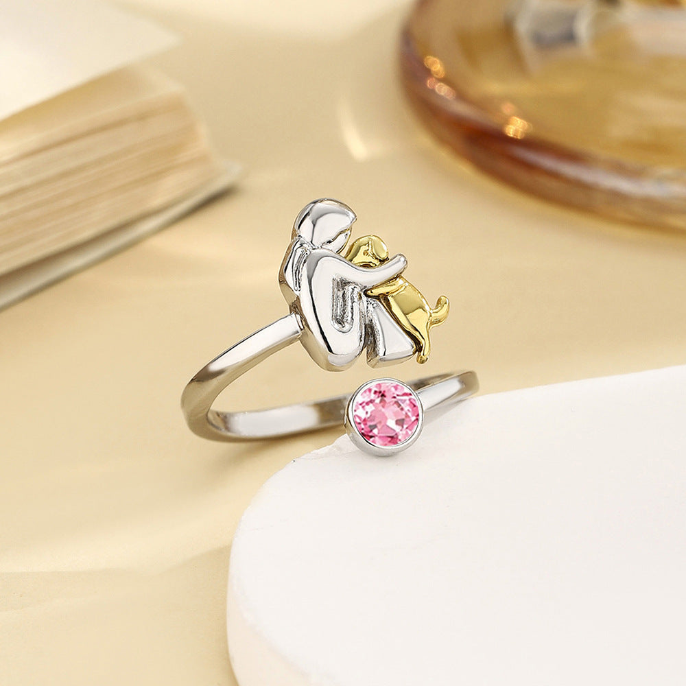 Birthstone Rhinestone Women's Open Ring / Dog Mom Ring