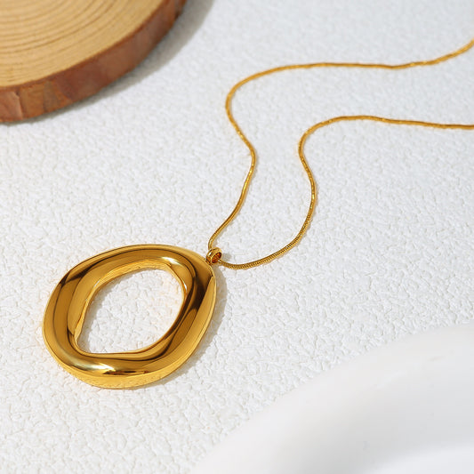 Stainless Steel 18K Gold-Plated O-Type Ring Pendant Necklace – Simple Glossy Jewelry
