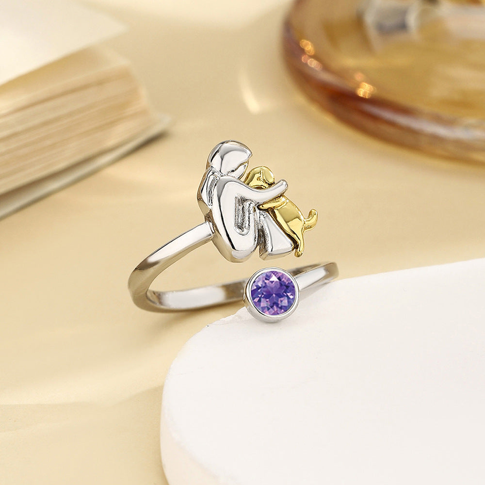 Birthstone Rhinestone Women's Open Ring / Dog Mom Ring