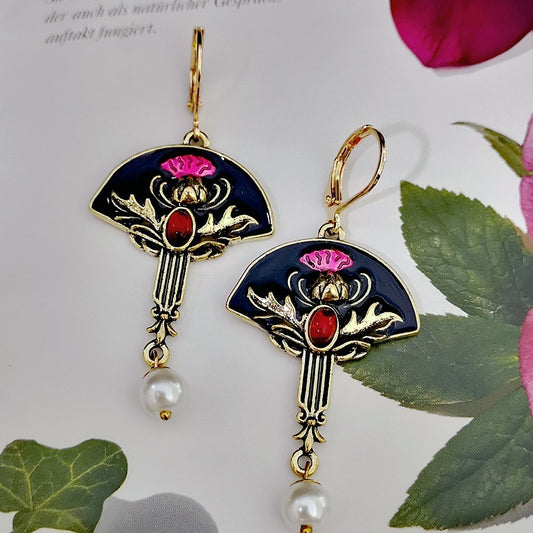 Purplish Red Flower & Pearl Earrings – Elegant Women's Fashion Jewelry