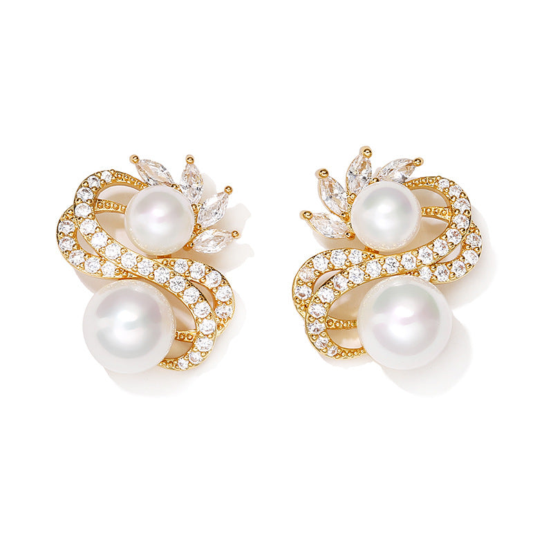 S-Shaped Pearl Drop Earrings with Zircon, Silver Needle