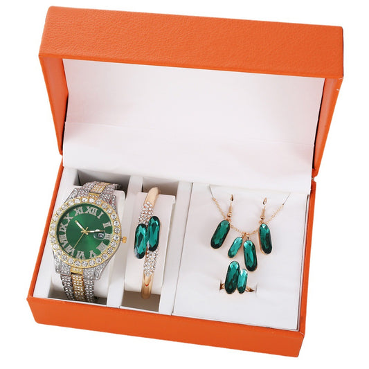 Green Steel Belt Quartz Watch, Ring, Necklace, and Earrings, Suit