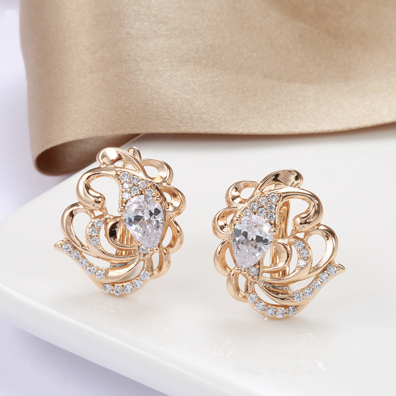 Rose Gold Carved Water Drop Zircon Ear Clips