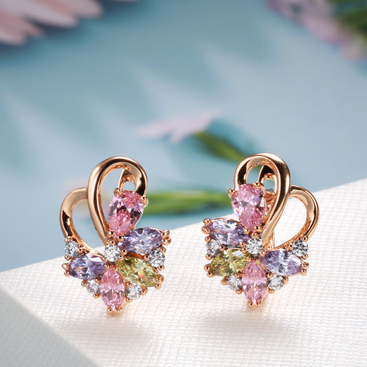 Rose Gold Colorful Zircon Ear Clip & Stud Earrings for Women