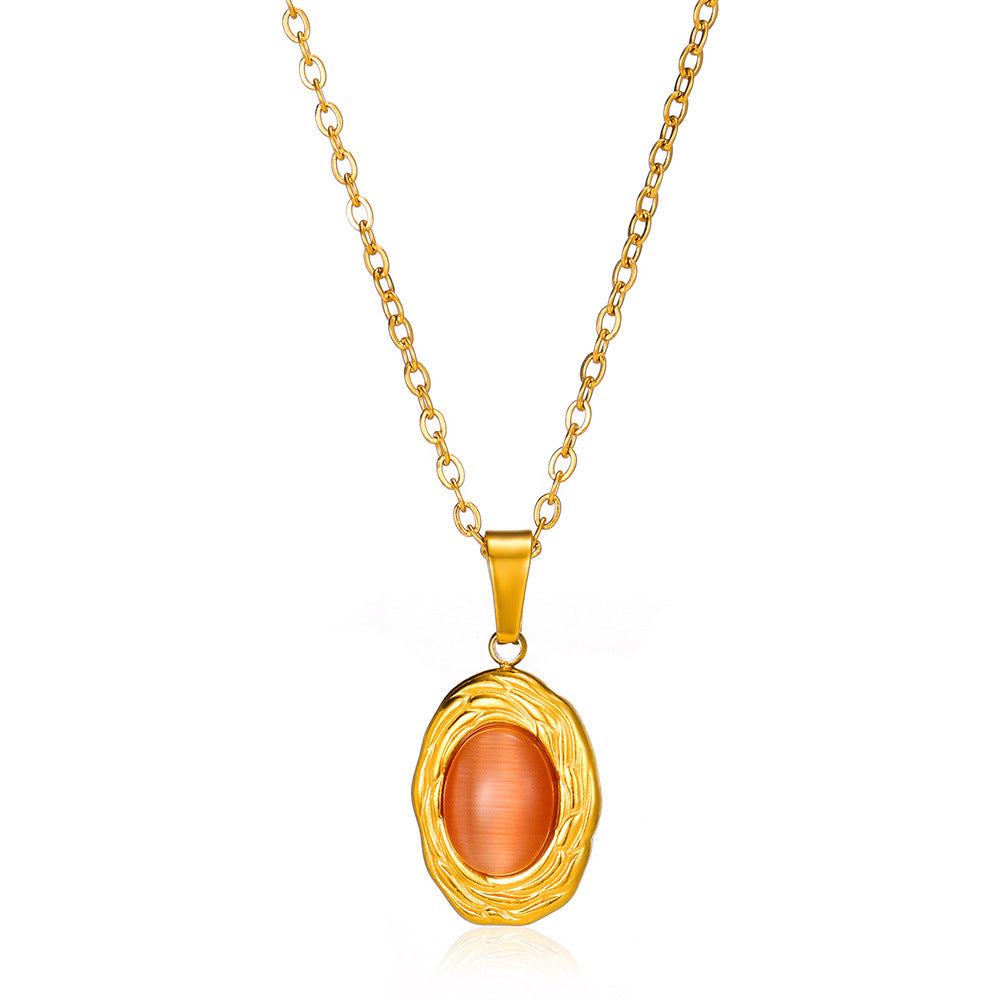 Oval Cat's Eye Pendant Titanium Steel Necklace – Unique Niche Jewelry