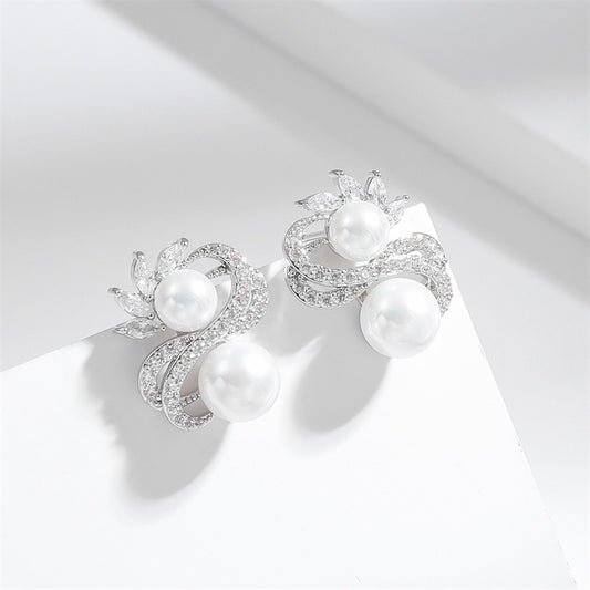 S-Shaped Pearl Drop Earrings with Zircon, Silver Needle