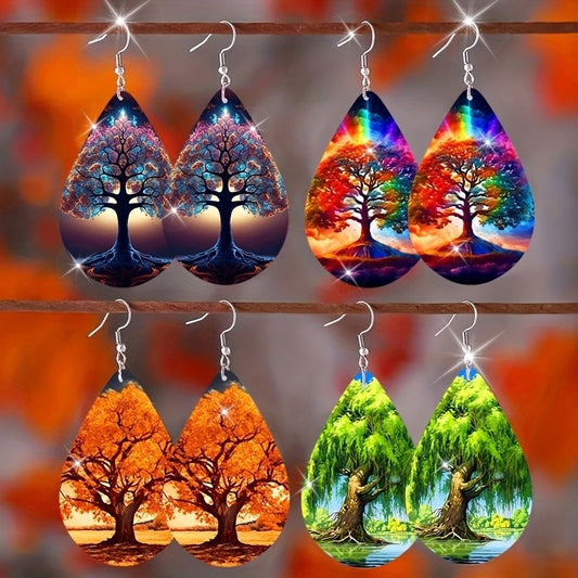 Double-sided Pattern Green Weeping Willow Wooden Water Drop Earrings