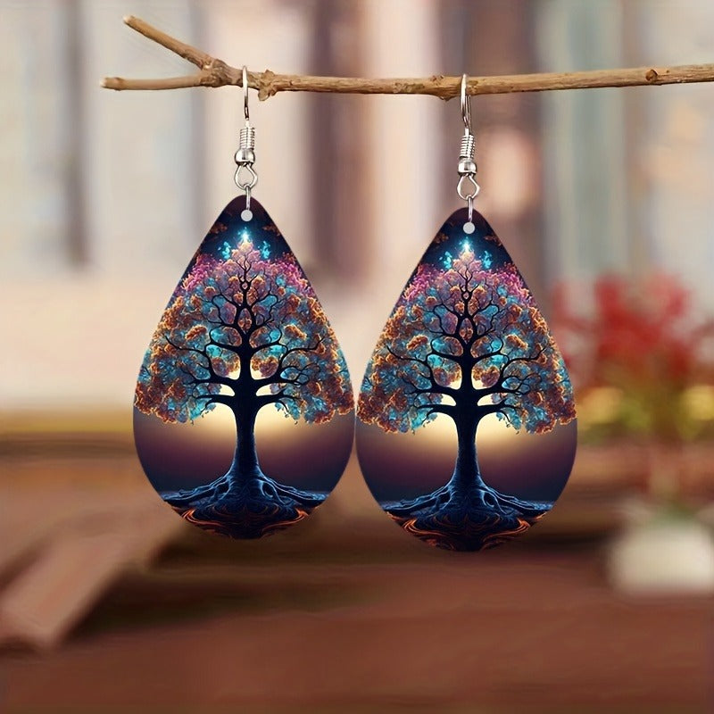 Double-sided Pattern Green Weeping Willow Wooden Water Drop Earrings