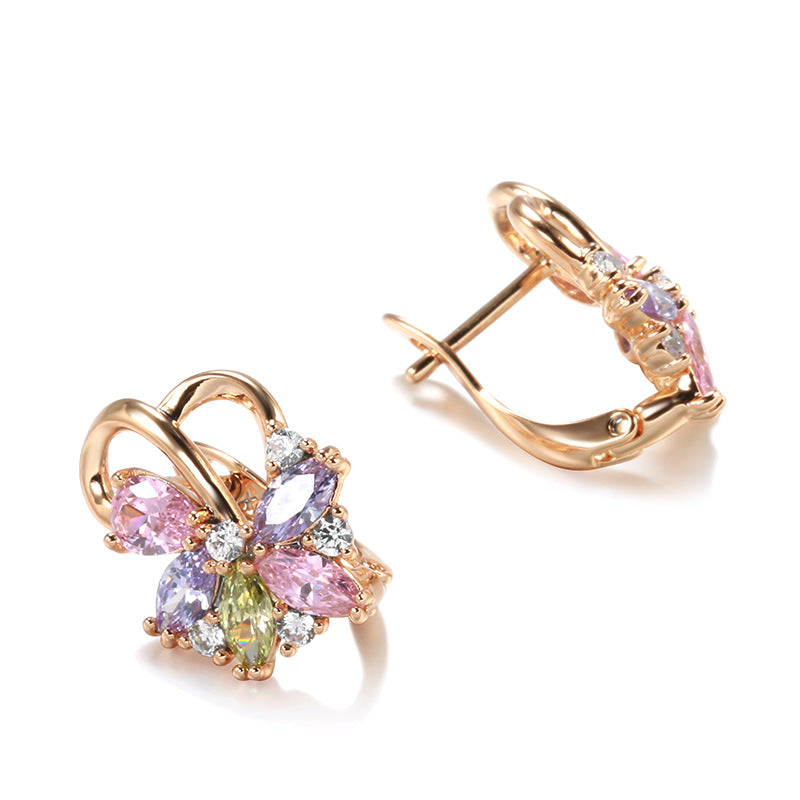 Rose Gold Colorful Zircon Ear Clip & Stud Earrings for Women
